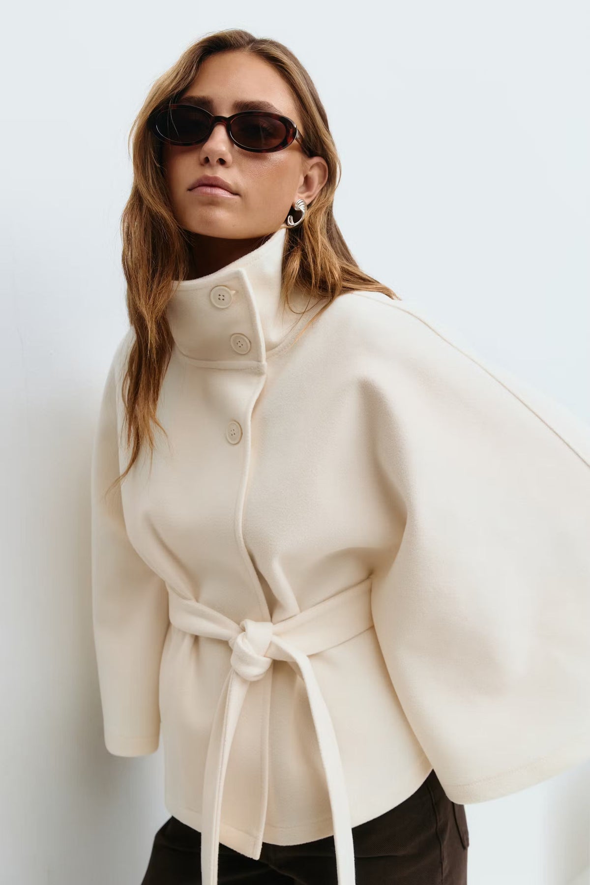 Women cape coat high collar belted waist in beige blue brown black