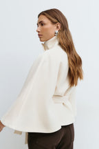 Women cape coat high collar belted waist in beige blue brown black