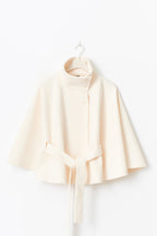 Women cape coat high collar belted waist in beige blue brown black