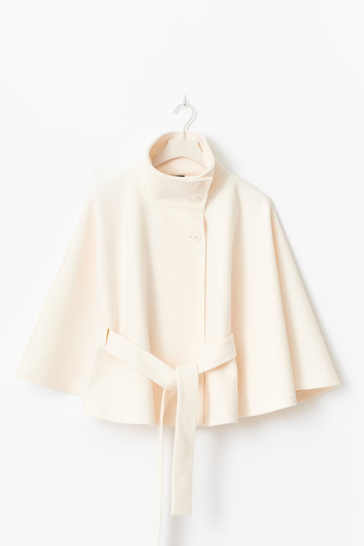 Women cape coat high collar belted waist in beige blue brown black
