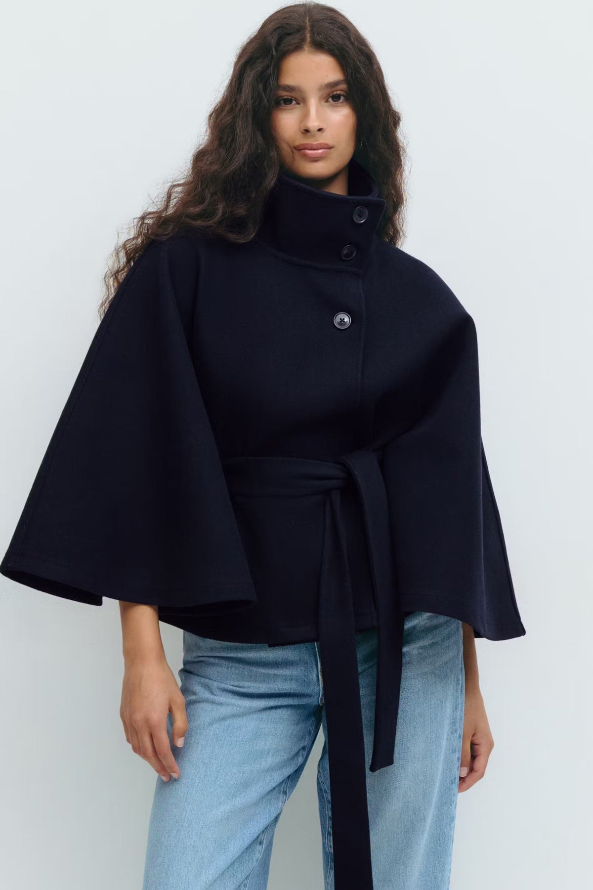 Women cape coat high collar belted waist in beige blue brown black