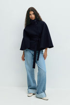 Women cape coat high collar belted waist in beige blue brown black