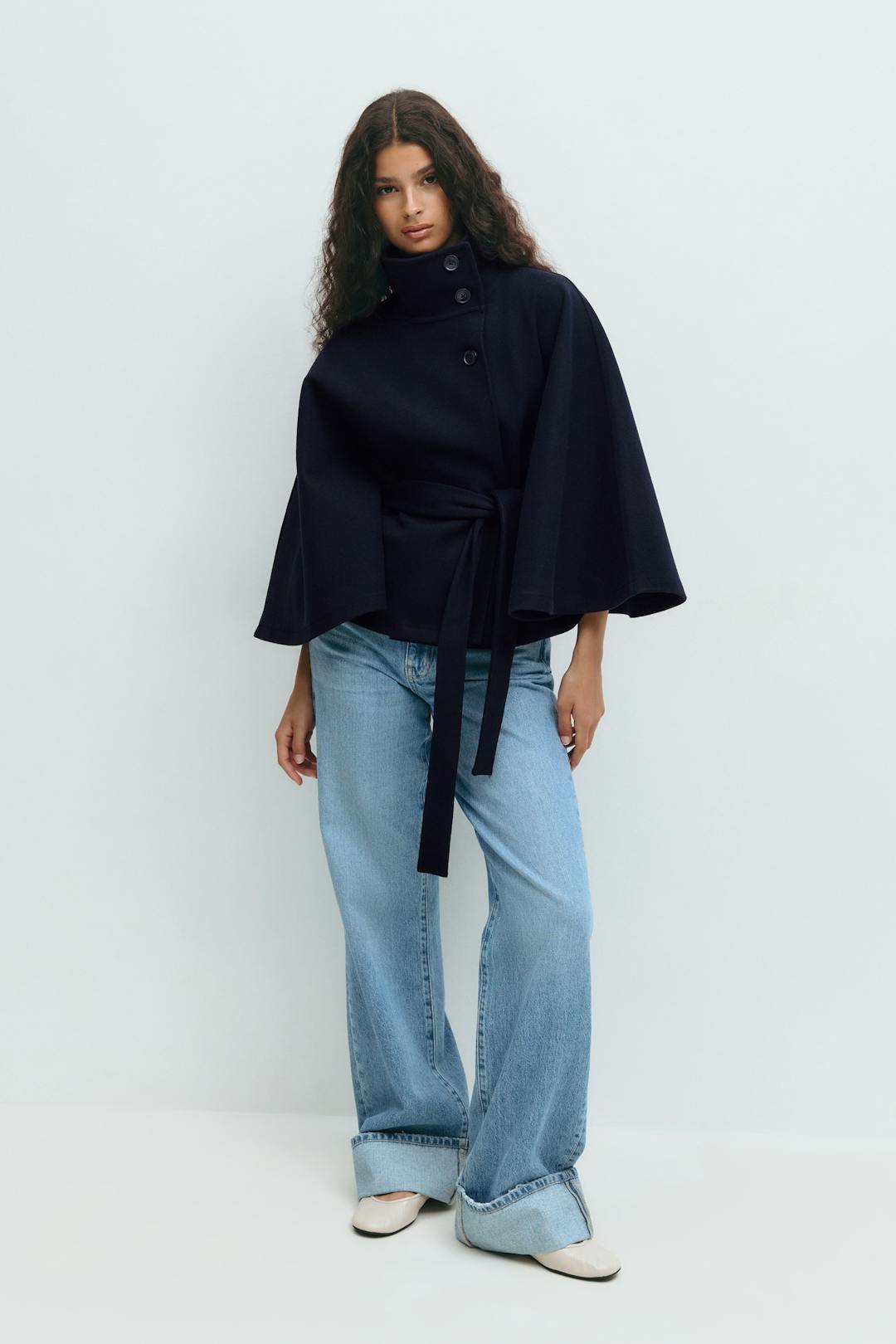 Women cape coat high collar belted waist in beige blue brown black