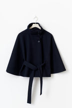 Women cape coat high collar belted waist in beige blue brown black
