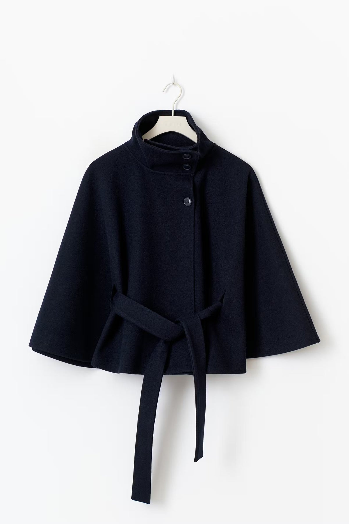 Women cape coat high collar belted waist in beige blue brown black