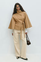 Women cape coat high collar belted waist in beige blue brown black