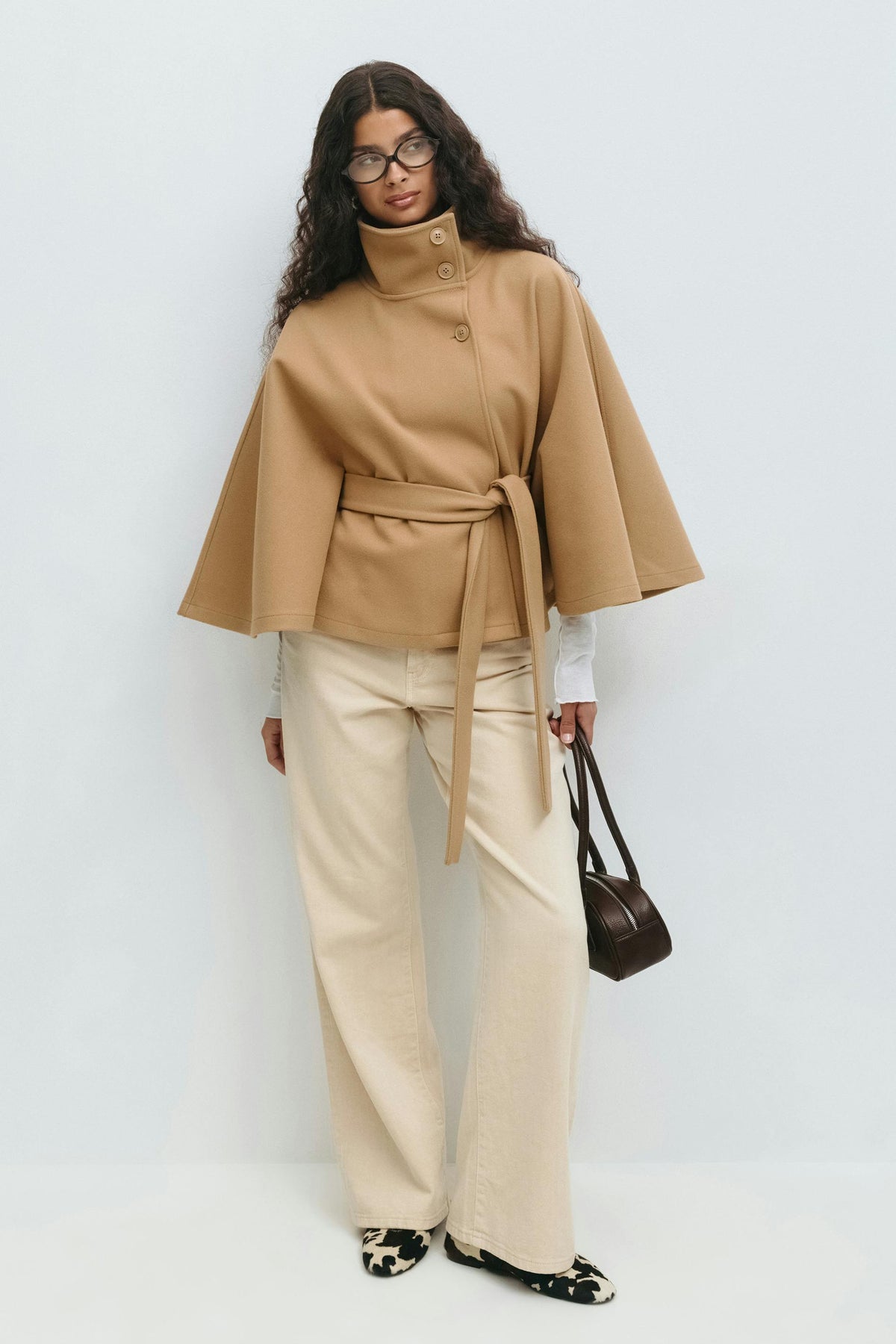 Women cape coat high collar belted waist in beige blue brown black