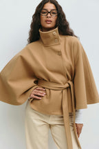 Women cape coat high collar belted waist in beige blue brown black