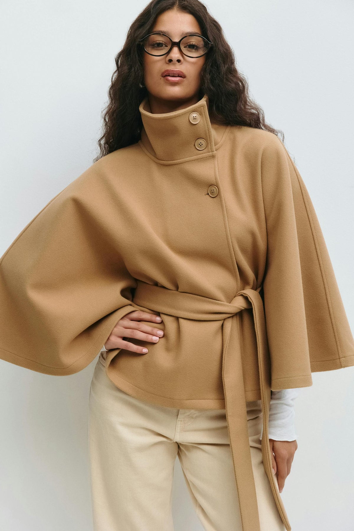 Women cape coat high collar belted waist in beige blue brown black