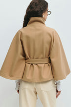 Women cape coat high collar belted waist in beige blue brown black