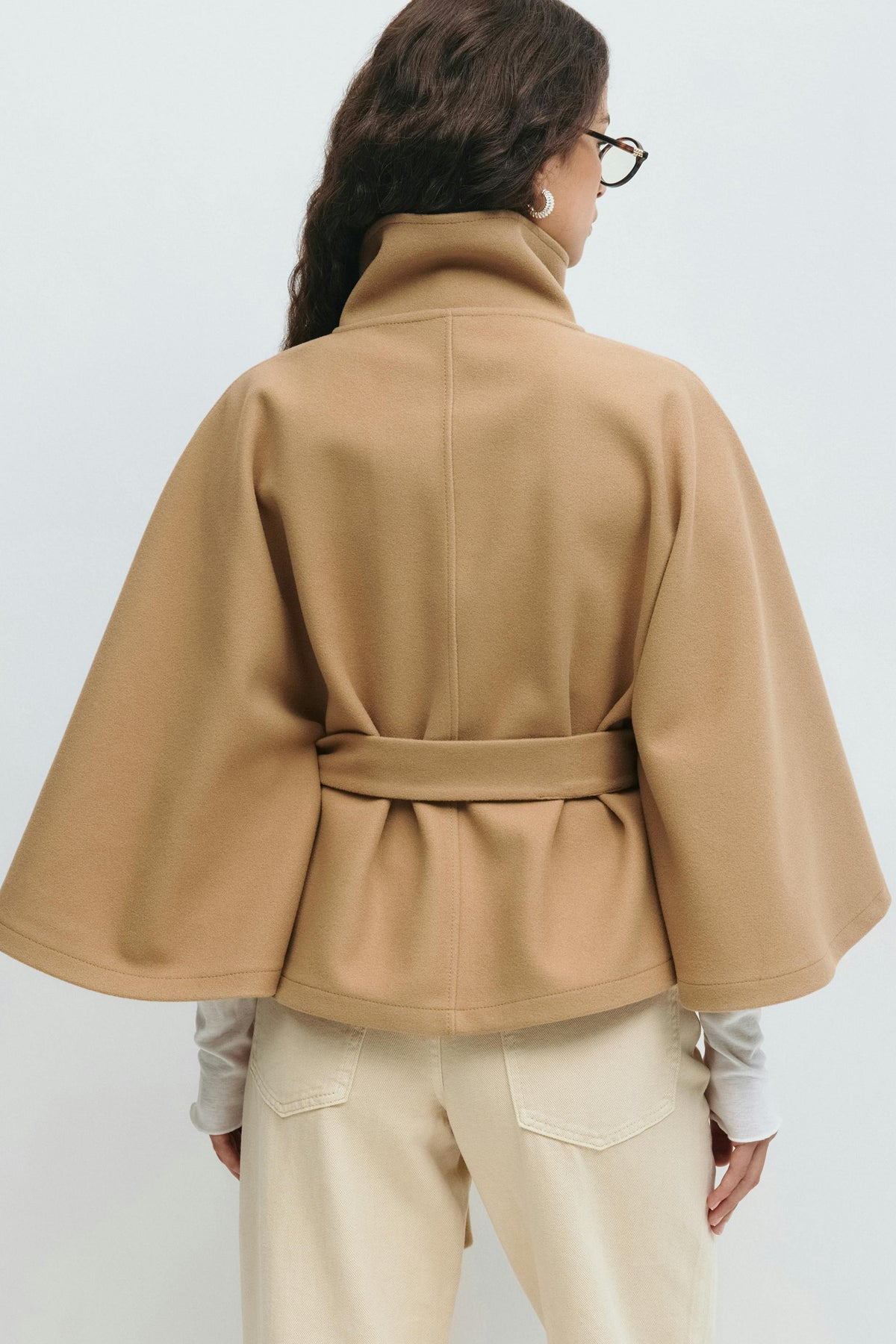Women cape coat high collar belted waist in beige blue brown black