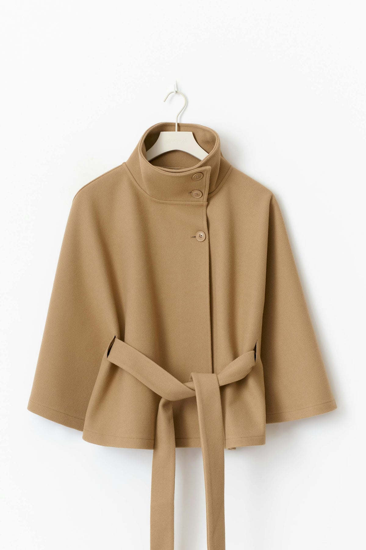 Women cape coat high collar belted waist in beige blue brown black