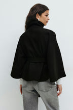Women cape coat high collar belted waist in beige blue brown black
