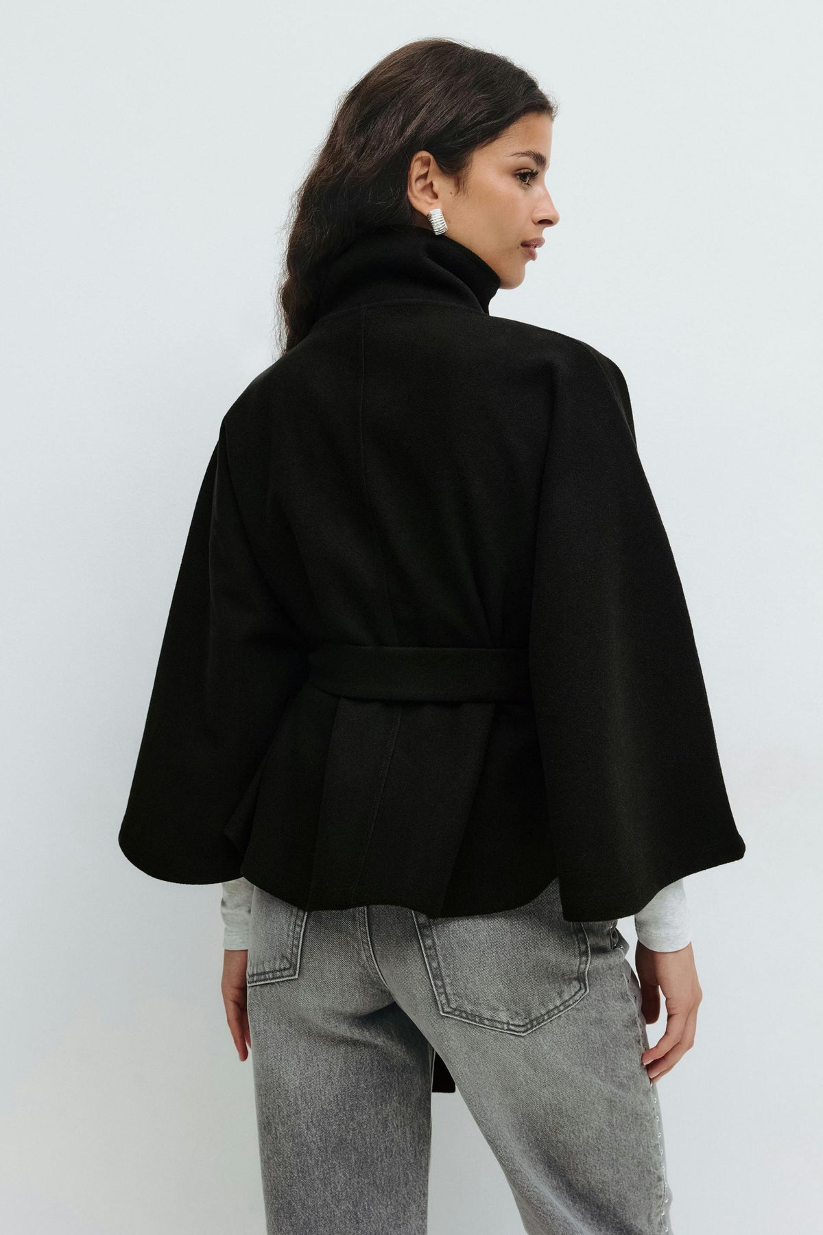 Women cape coat high collar belted waist in beige blue brown black