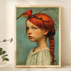 Canvas wall art Art Deco portrait of girl and cardinal, frameless indoor poster