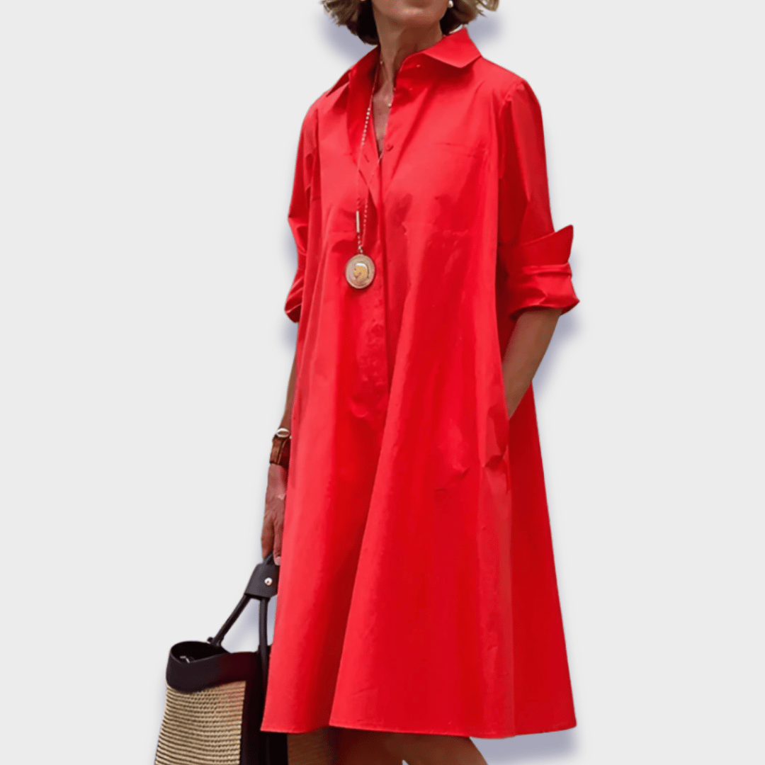 Women's midi shirt dress with long sleeves and polo collar, button-front silhouette
