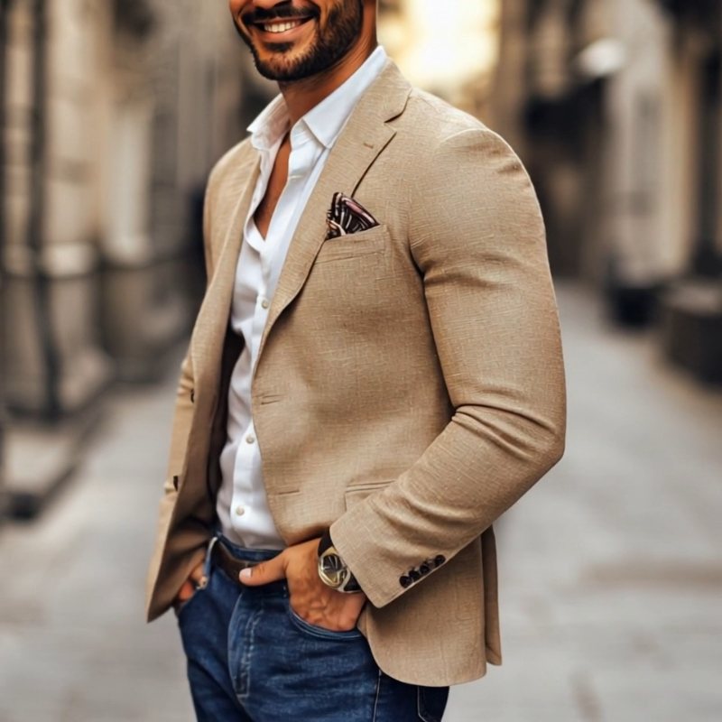 Men's slim fit two button blazer with notch lapel in Brown, Grey and Dark Blue