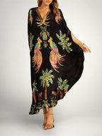 Tropical print dress drop shoulder coconut tree print loose fit vacation resort wear