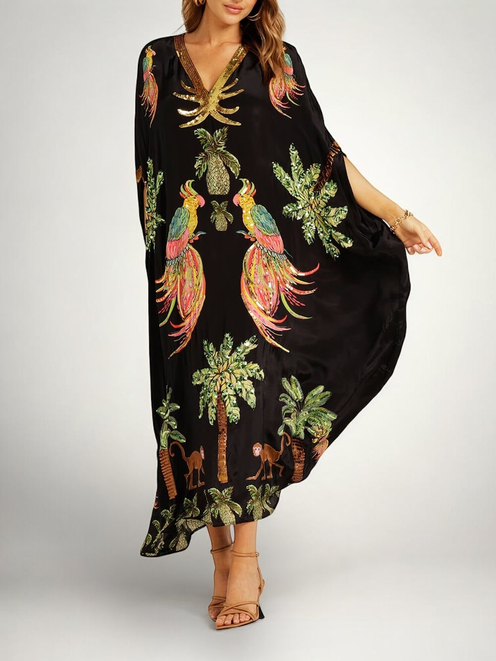 Tropical print dress drop shoulder coconut tree print loose fit vacation resort wear