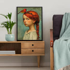 Canvas wall art Art Deco portrait of girl and cardinal, frameless indoor poster