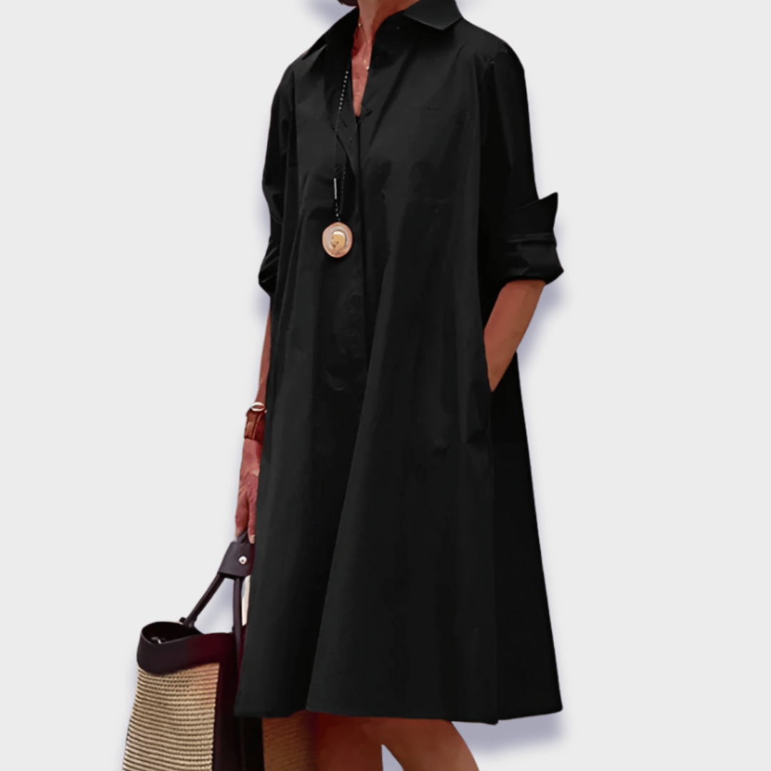 Women's midi shirt dress with long sleeves and polo collar, button-front silhouette