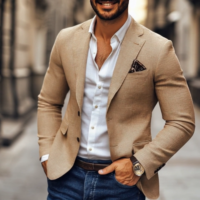 Men's slim fit two button blazer with notch lapel in Brown, Grey and Dark Blue