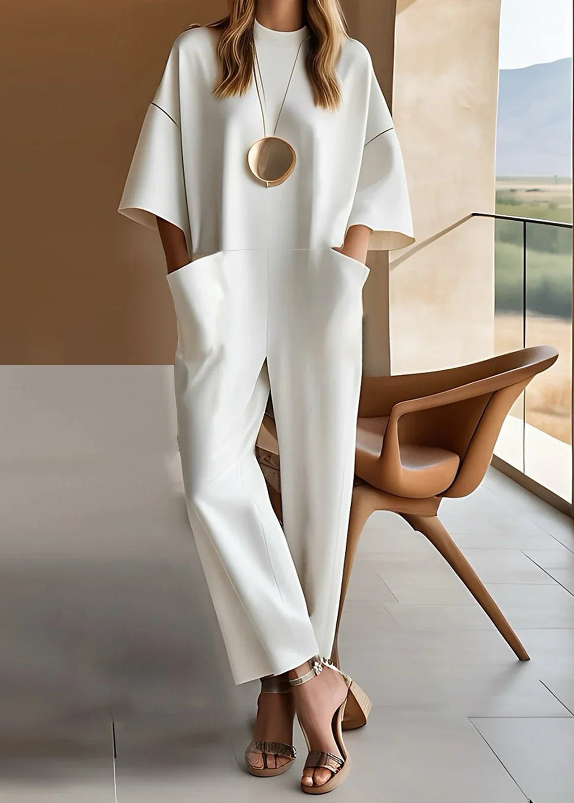 Women relaxed fit jumpsuit round neck long sleeve in black and white