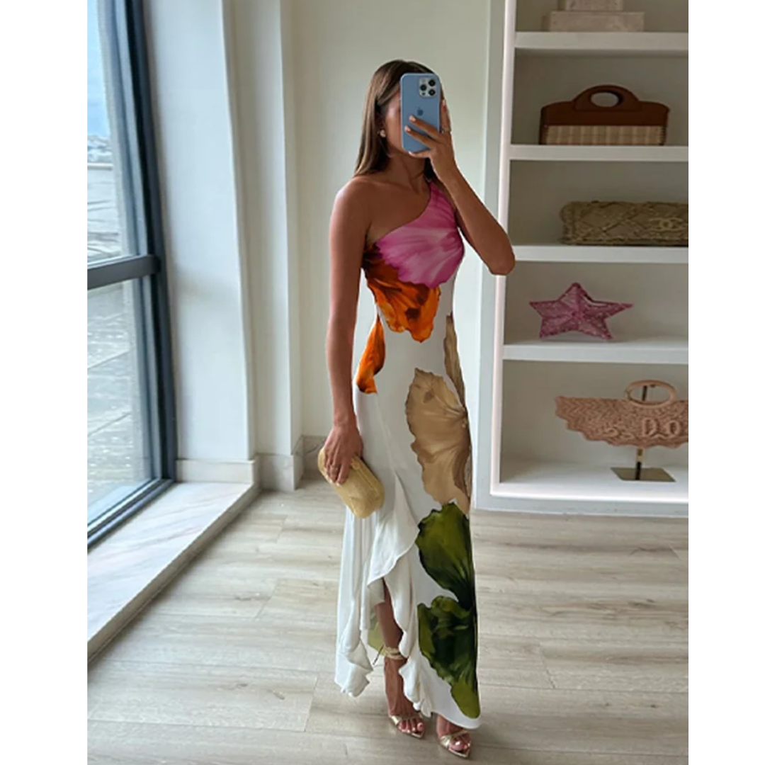 Women asymmetric one shoulder maxi dress oversized floral print ruffle hem