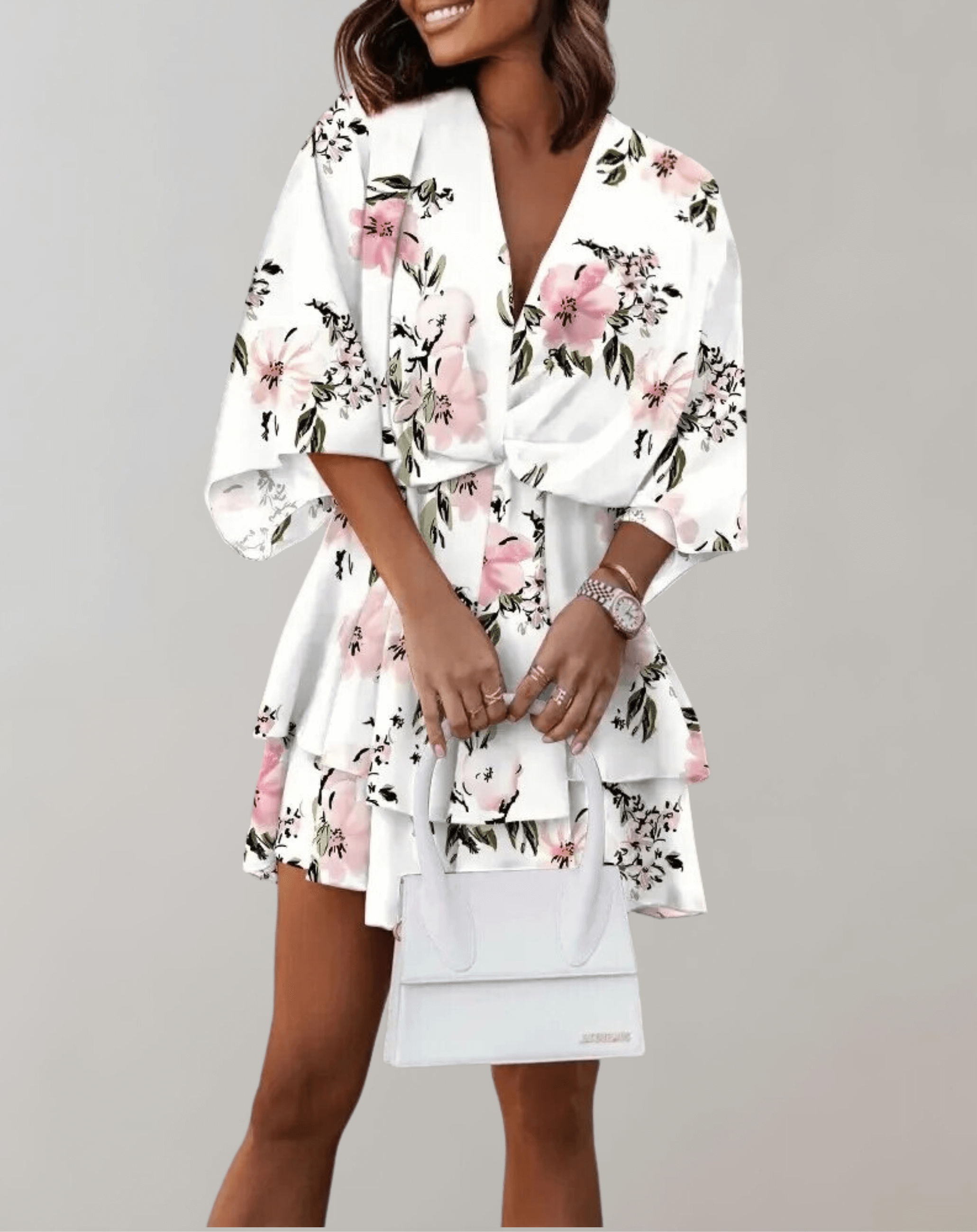 Women's midi dress with batwing sleeves and V-neckline, spring summer