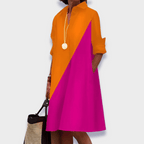 Women's midi shirt dress with long sleeves and polo collar, button-front silhouette