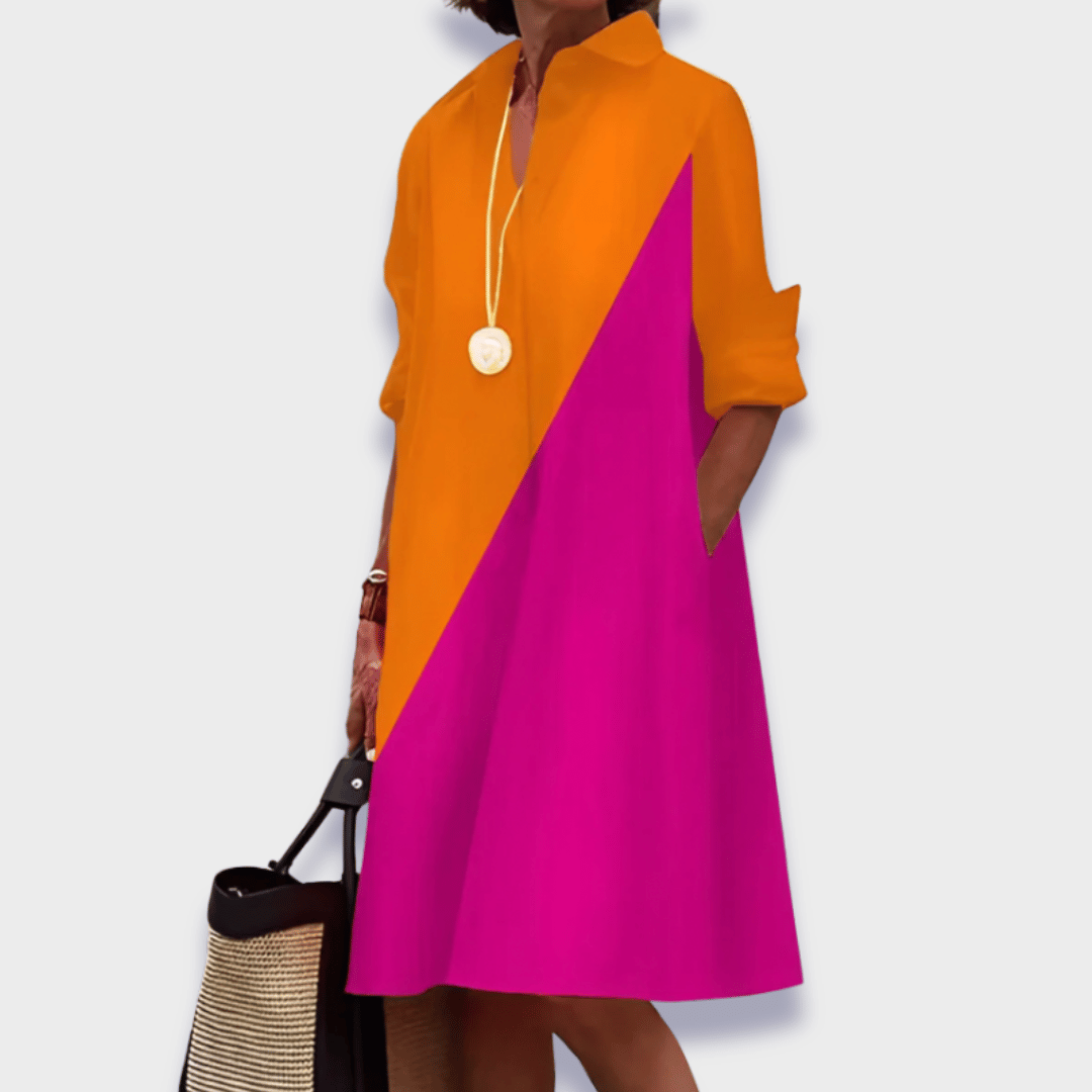 Women's midi shirt dress with long sleeves and polo collar, button-front silhouette