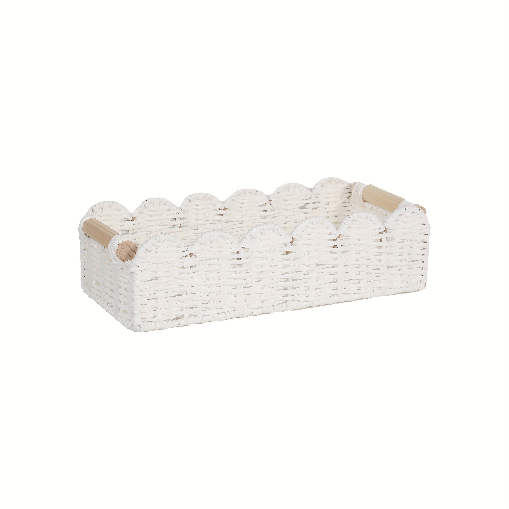 Boho woven storage basket with fan edge, natural fibre, rectangular, 35.5x16x10cm