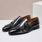 Men's leather loafers with double monk strap buckles and almond toe, crocodile-embossed finish