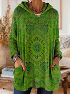Women cotton blend hoodie ethnic print tunic length relaxed fit