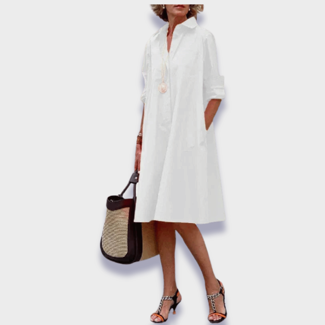Women's midi shirt dress with long sleeves and polo collar, button-front silhouette