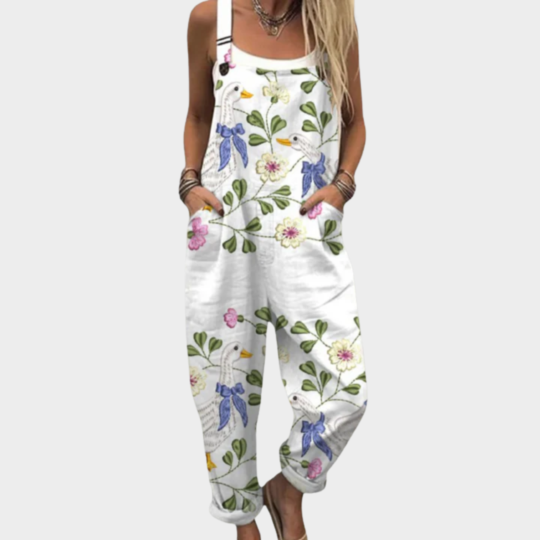 Women floral print wide leg jumpsuit with adjustable straps in white
