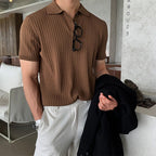 Men's knitted cotton ribbed polo shirt with button collar, short sleeves