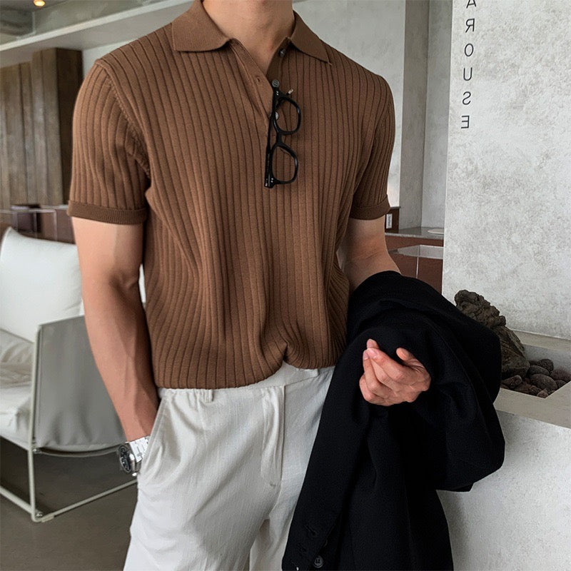 Men's knitted cotton ribbed polo shirt with button collar, short sleeves