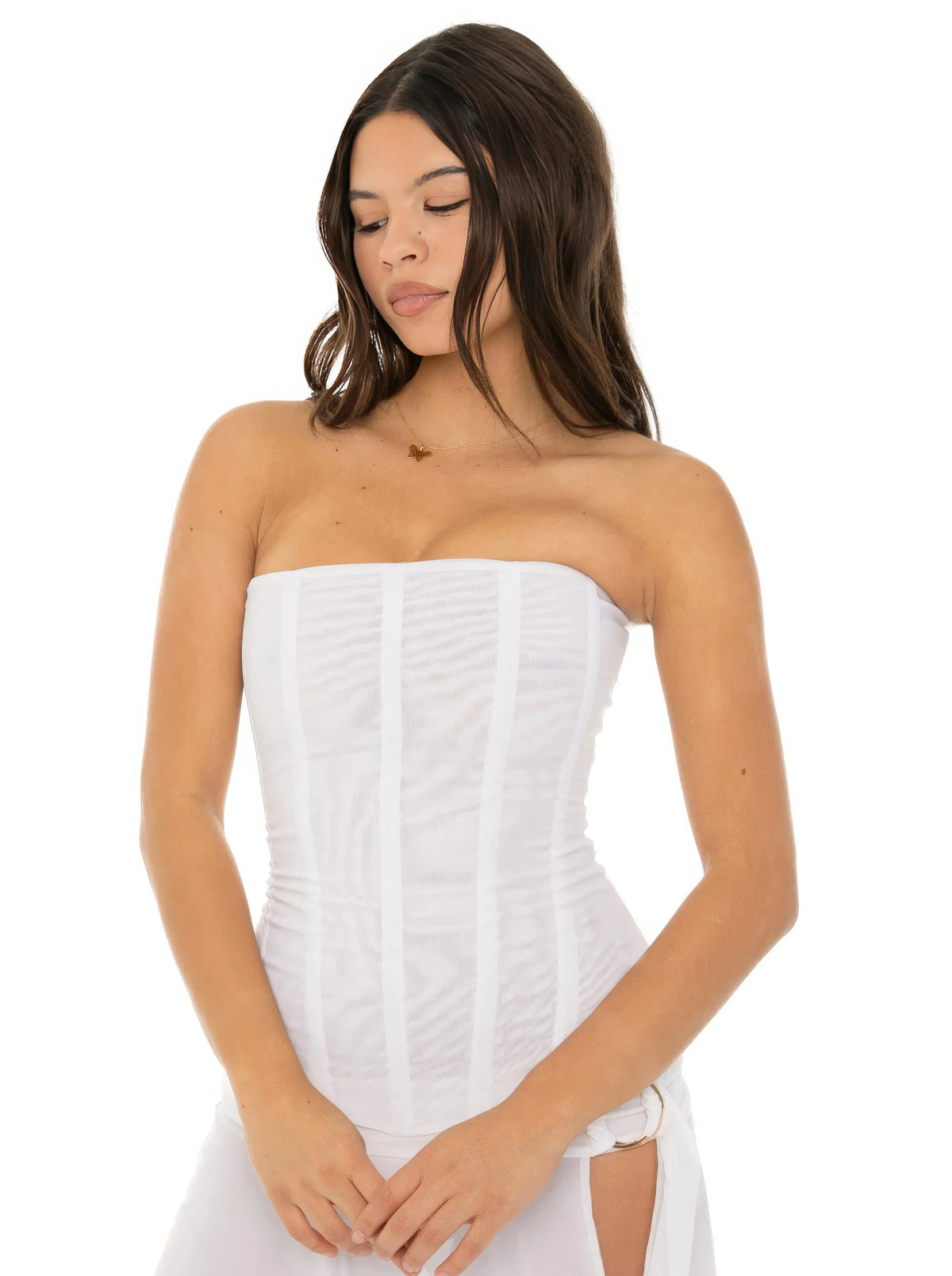 Women's strapless corset top, structured fitted bandeau style in beige, white and black