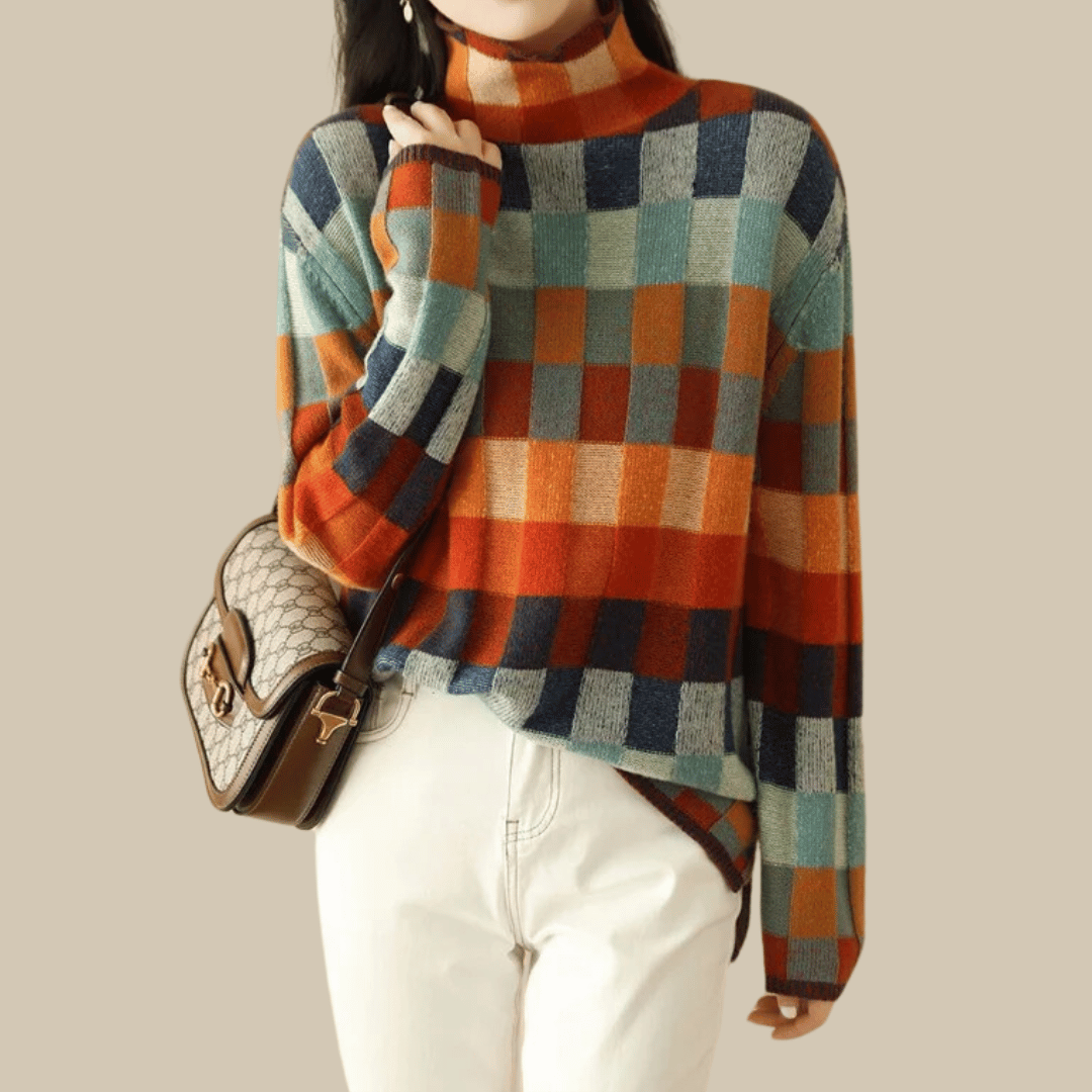 Women cashmere patchwork turtleneck sweater Mongolian virgin cashmere