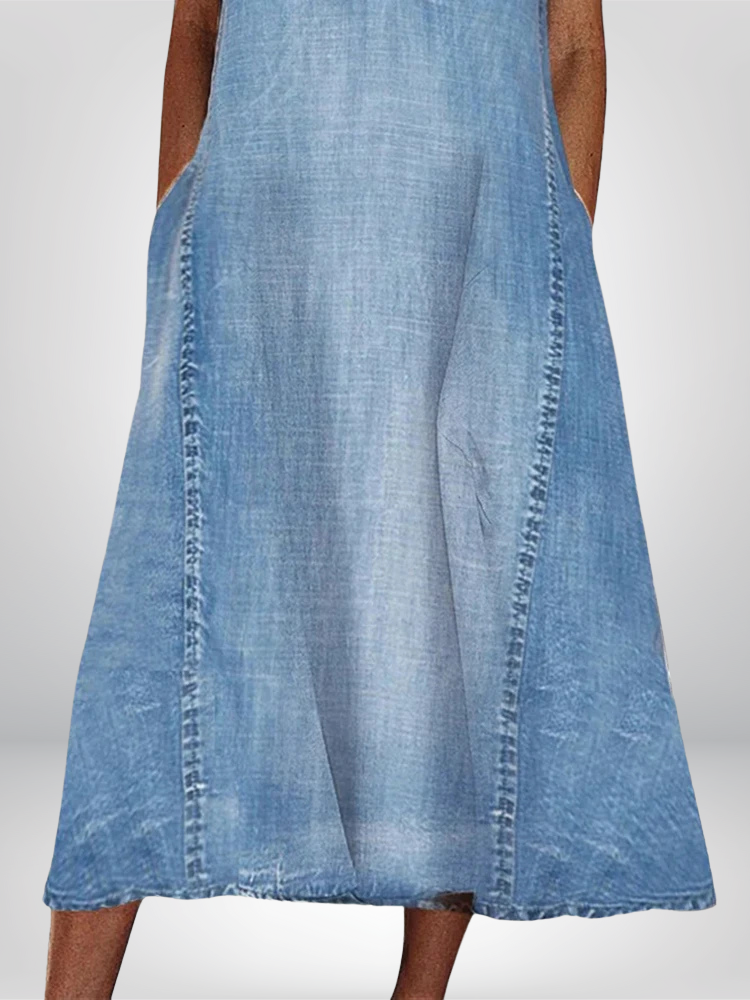 Women's sleeveless denim dress A-line V-neck in denim blue, casual summer style