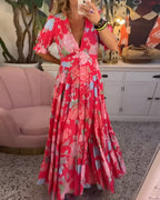 Women's floral V-neck pocket dress, flowing summer occasion dress