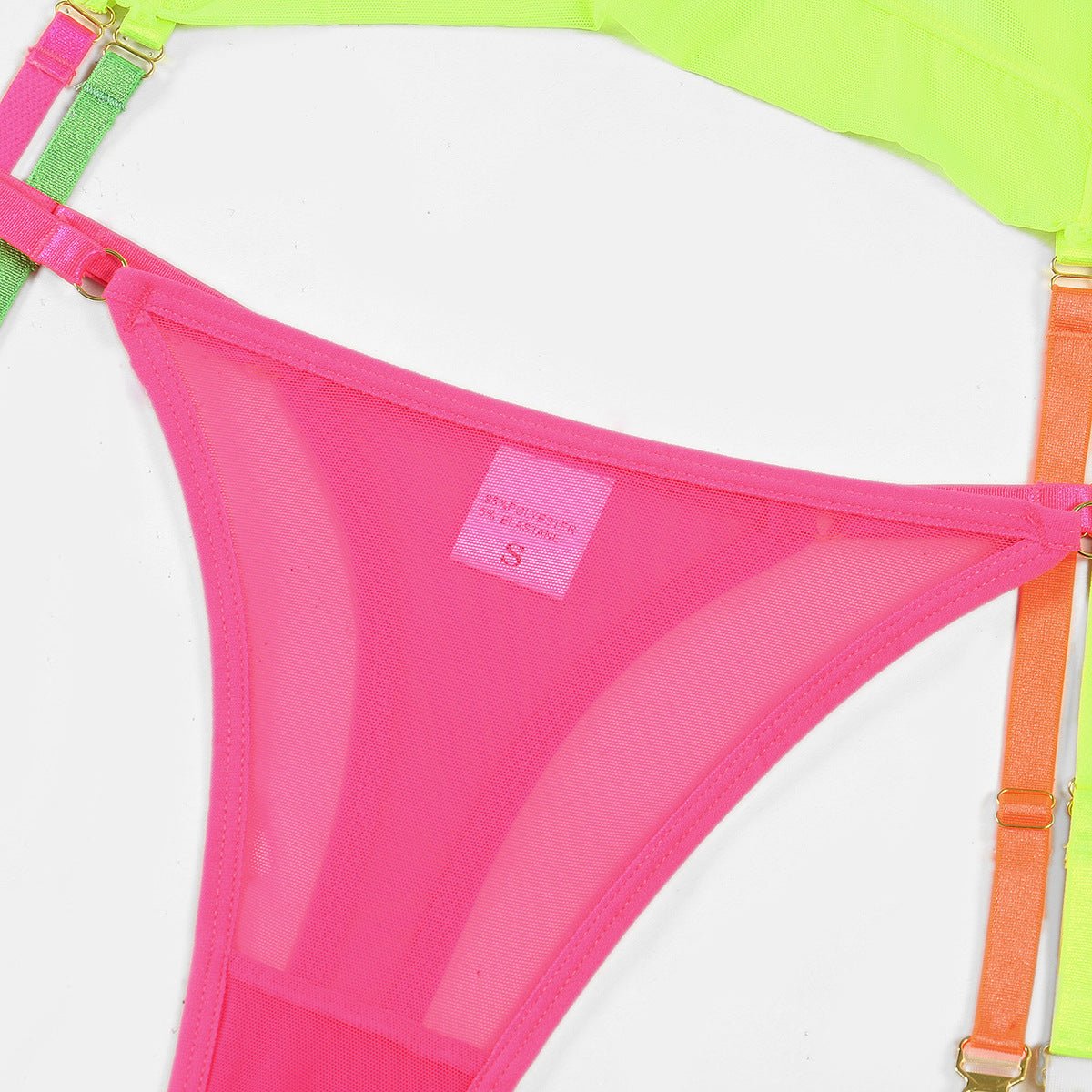 Neon lingerie set with EDM rave design in yellow, hot pink, and orange