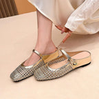 Women's woven mule flats with orthopedic sole, backless slip-on style in 6 colors