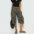 Women's camo cargo shorts longline baggy fit with flap pockets, streetwear style