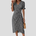 Women's floral midi dress with V-neck, puff sleeves and ruched waist, A-line summer style