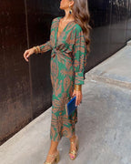 Women's formal midi dress in blue, green and red — flattering tailored silhouette