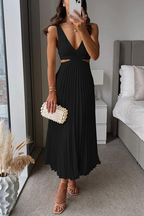 Satin midi dress with pleated flowing silhouette, women's evening wear
