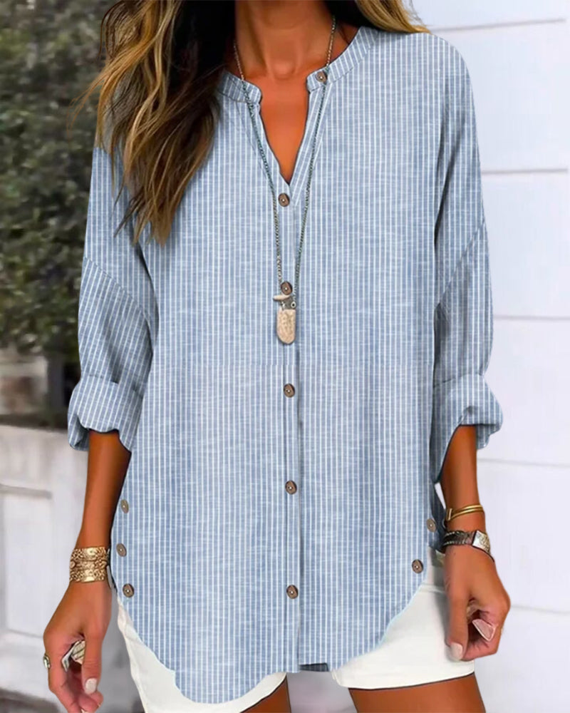 Women loose fit long sleeve striped button-up blouse with V-neck