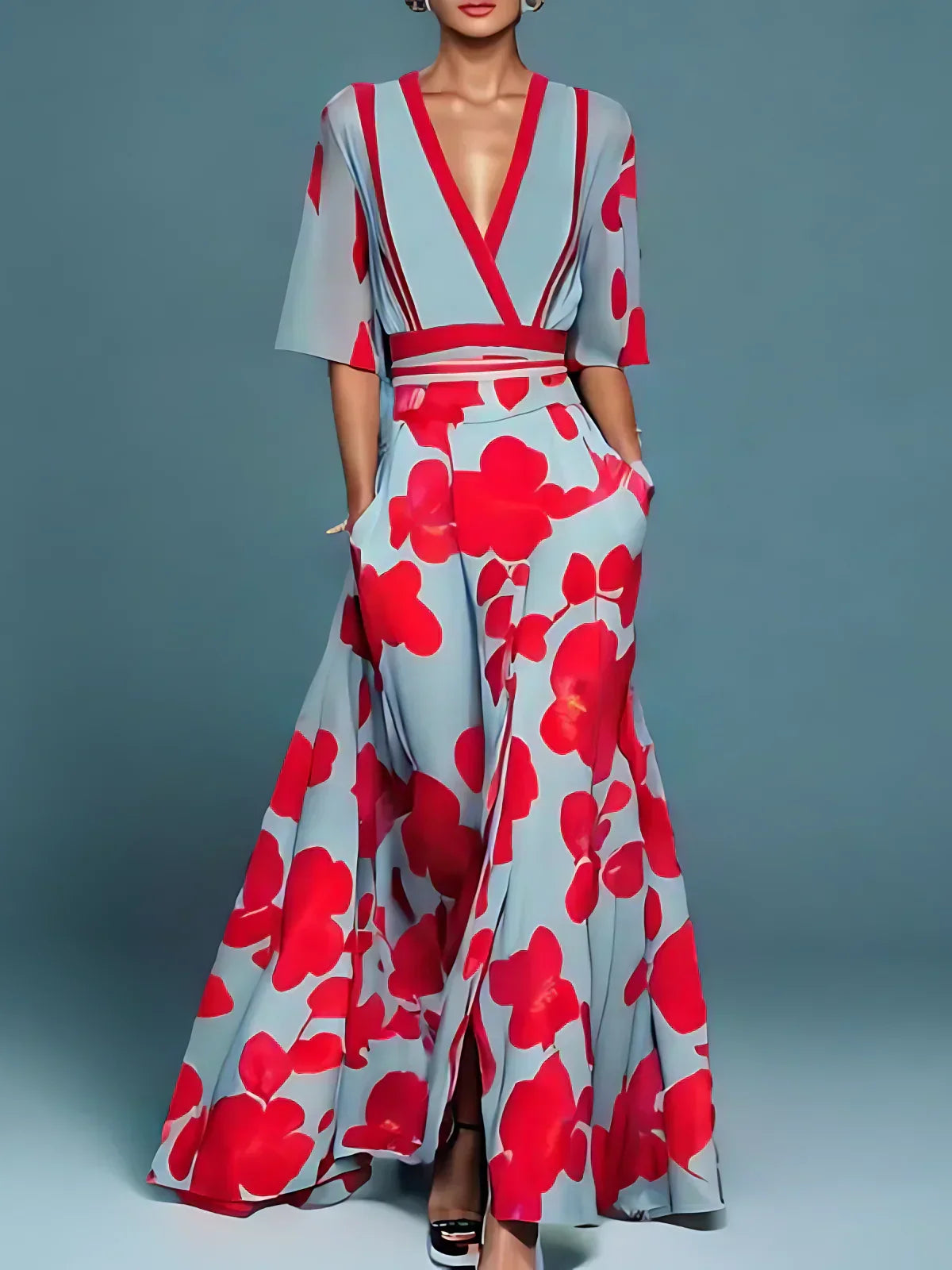 Floral Dress Women Long Print Maxi Lightweight Breathable Red